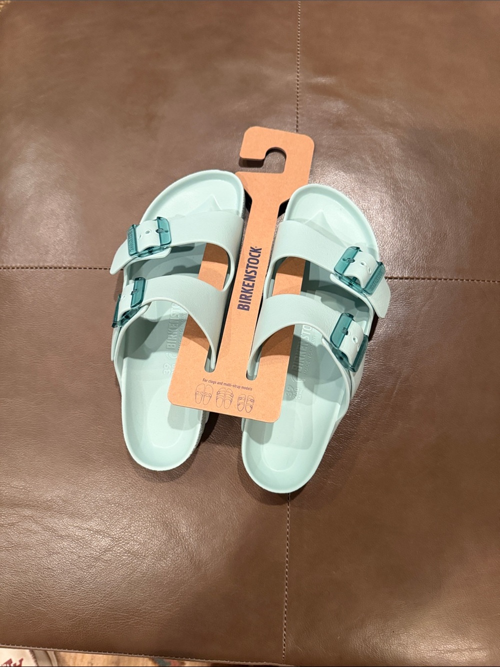 Birkenstock Two-Strap Sandals in Mint with Teal Buckles